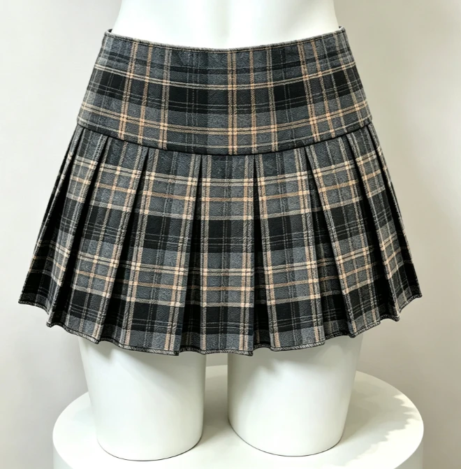 American Retro Plaid Pleated Mini Skirt Y2K Preppy Style For Women High Waist A‑Line Casual Street Trendy Daily Short Skirt