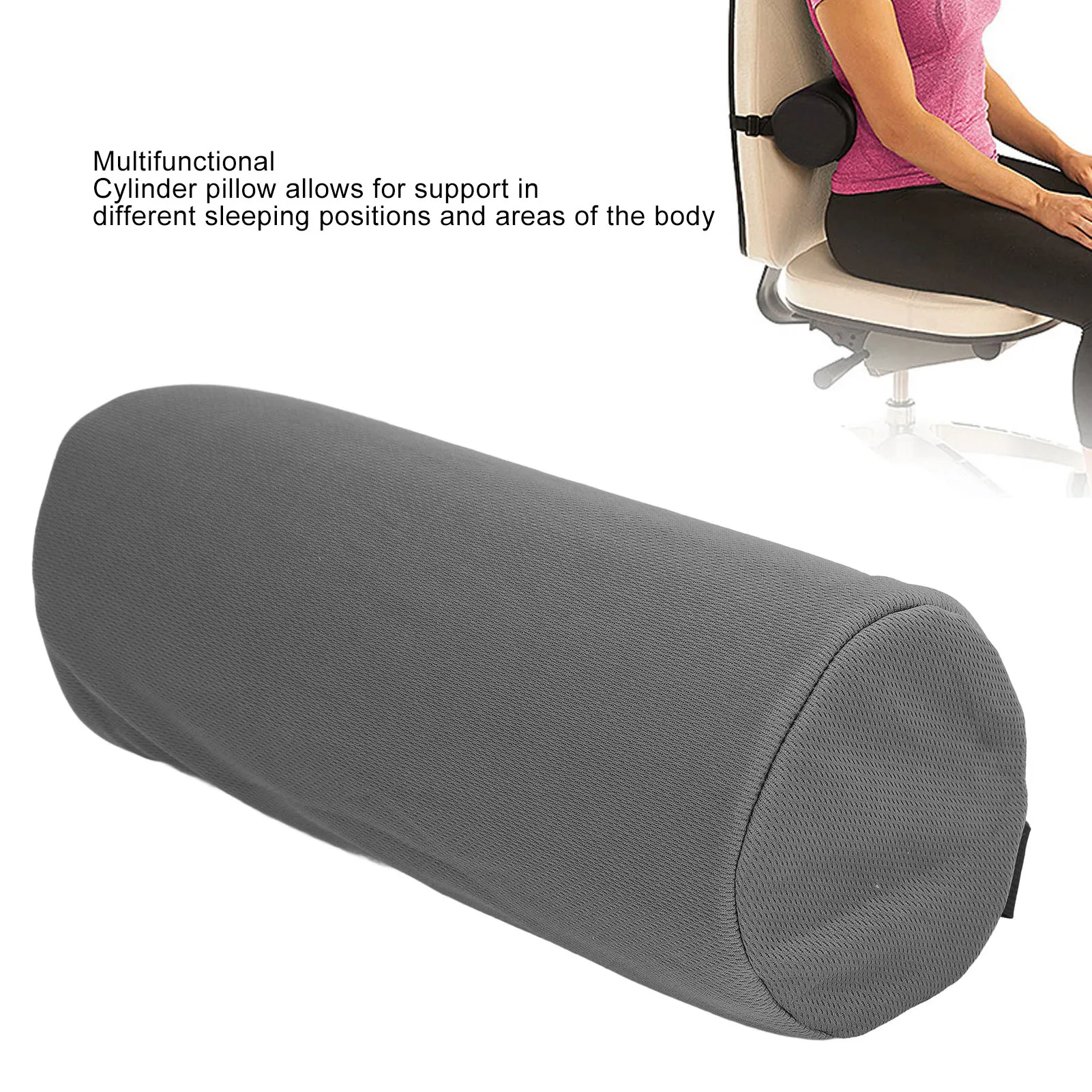 ZK30 Lumbar Roll Pillow Multifunctional Memory Foam Back Roll Waist Support Cylinder Pillow with Adjustable Strap Grey