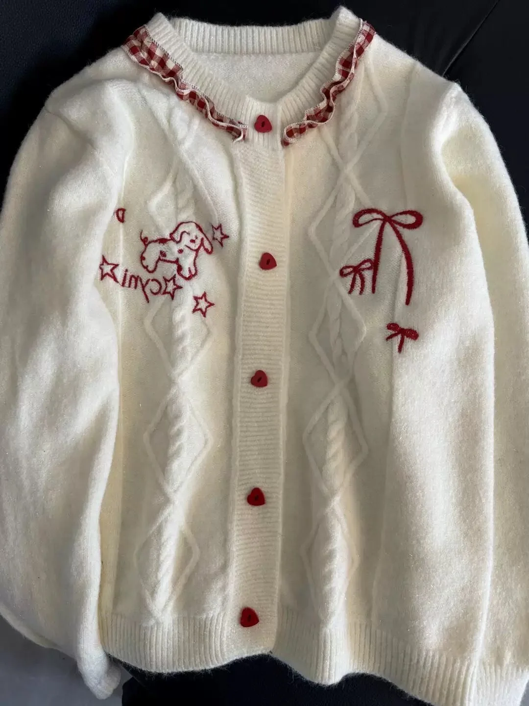 

2025 New Embroidered Puppy Bow Cardigan for Women Christmas Sweet Korean Style Love Button Women Winter Knit