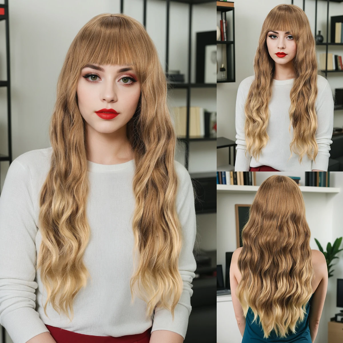 

Трансграничная челка с градиентом, большая волна, длинные вьющиеся волосы, пушистый парик, парик из синтетического волокна