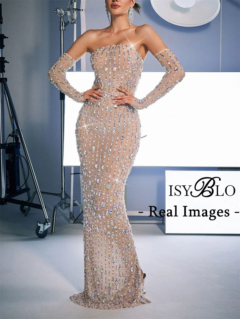 

ISYBLO- Rhinestones Long Illusion Dresses for Women See Through Evening Party Dresses Back Split Real Images Prom Gowns