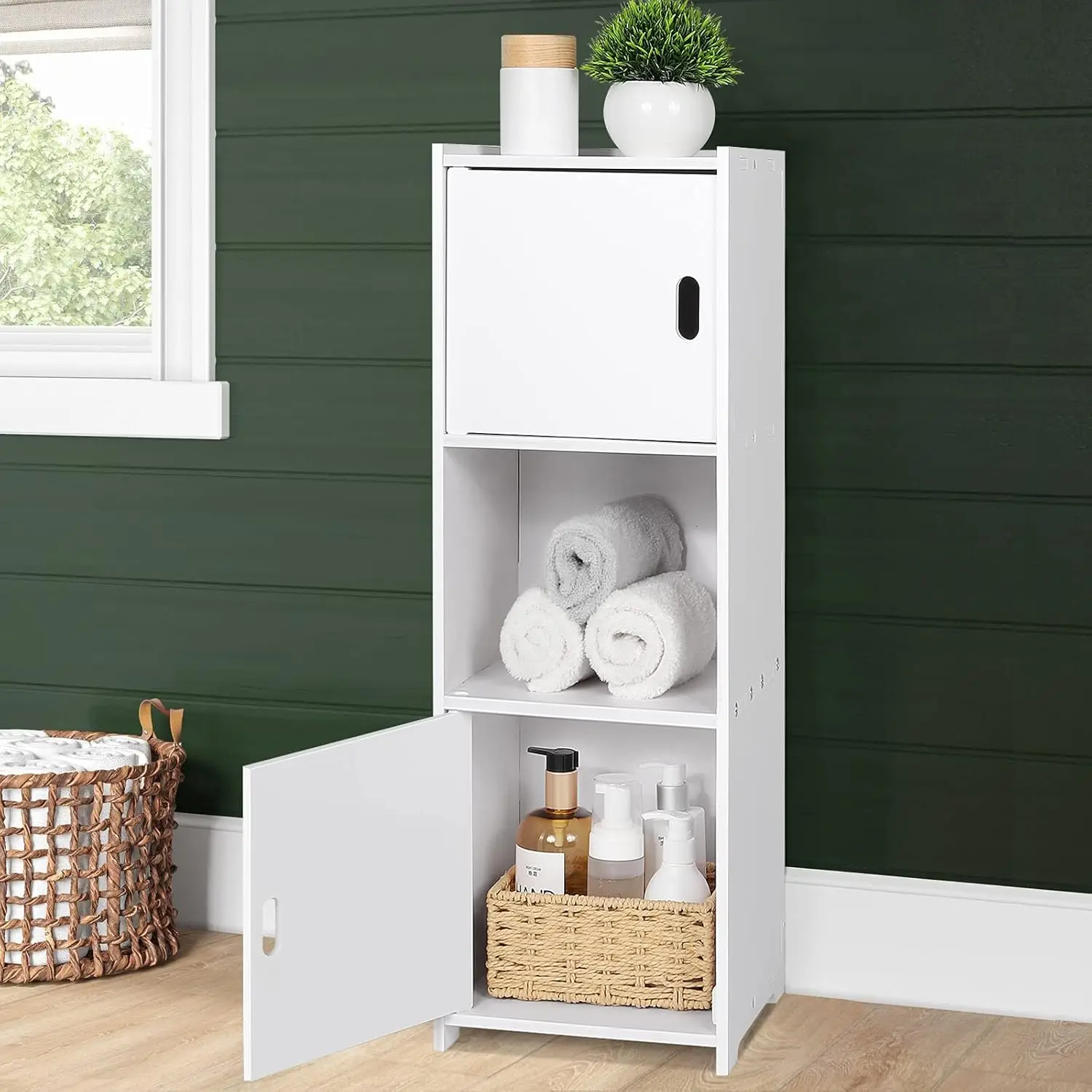 Badezimmerschrank, wetterfest und wetterbeständig, mit 1 offenen Fach und 2 Regalen mit Türen, kleiner Schrank für Badezimmer, Wohnzimmer, Schlafzimmer, Weiß