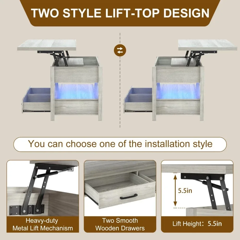 Mesa de centro elevatória com LED, mesa de centro multifuncional 3 em 1 com gavetas e compartimentos ocultos, mesa de centro