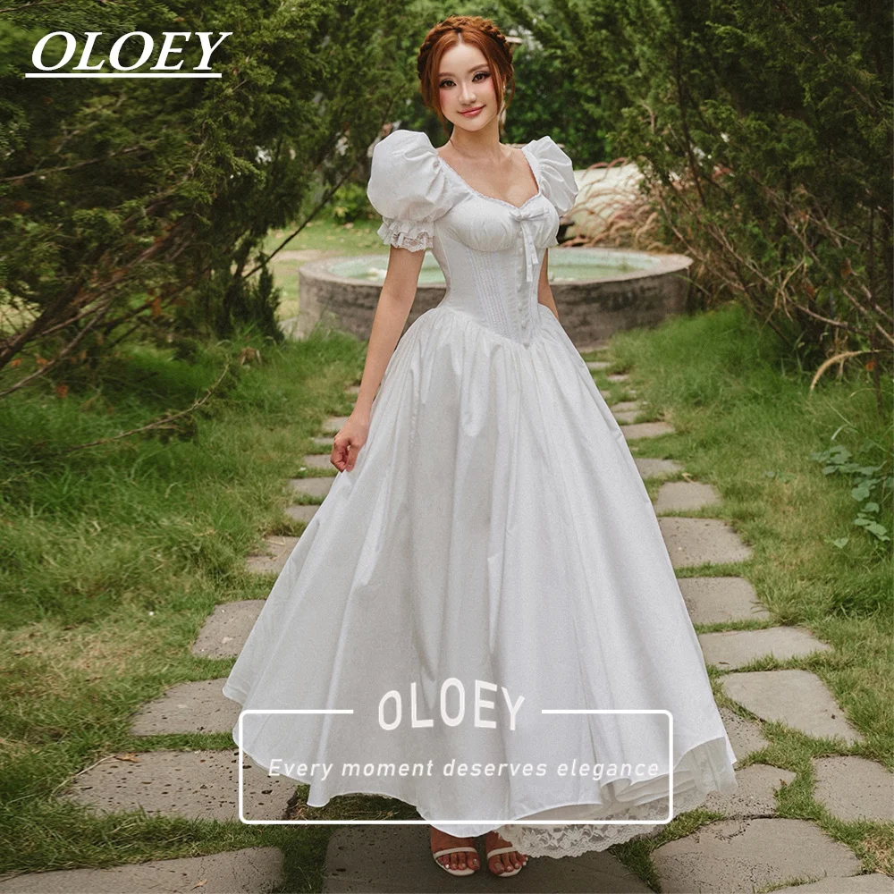 OLOEY Elegant White Taffeta Wedding Dress Sweetheart Neck Puff Short Sleeve Bow Detail Corset A Line Bridal Gown Customized