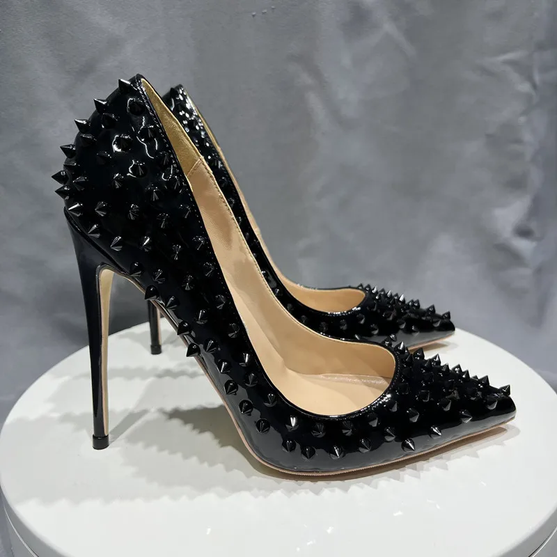 Tikicup Full Spikes Women Black Patent Pointed Toe Extremely High Heels Sexy Ladies Club Party Stiletto Shoes Punk Rivets Pumps