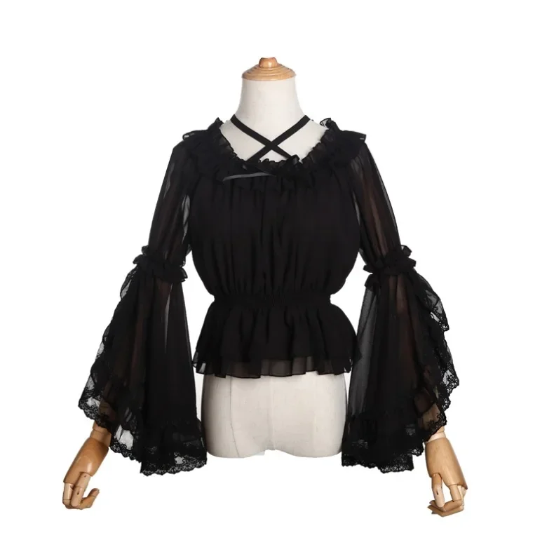 Camicia interna Lolita con lacci con collo autunnale Camicette in chiffon con scollo a barchetta dolce e carino da donna Camicia a maniche lunghe stile ragazza da donna