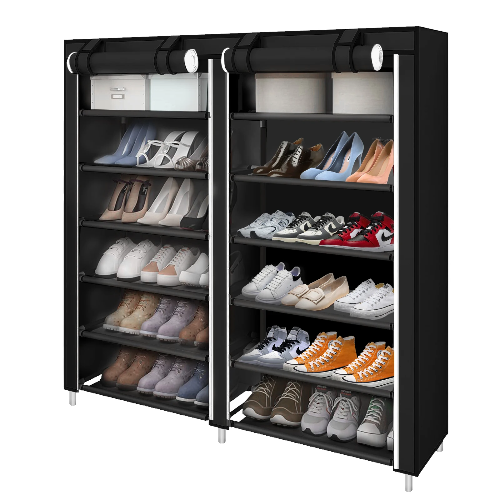 7-stufiges Schuhregal mit großem Fassungsvermögen, doppelreihiger Schuhaufbewahrung und Vliesstoffbezug – Schwarz-Grau – Detail 2