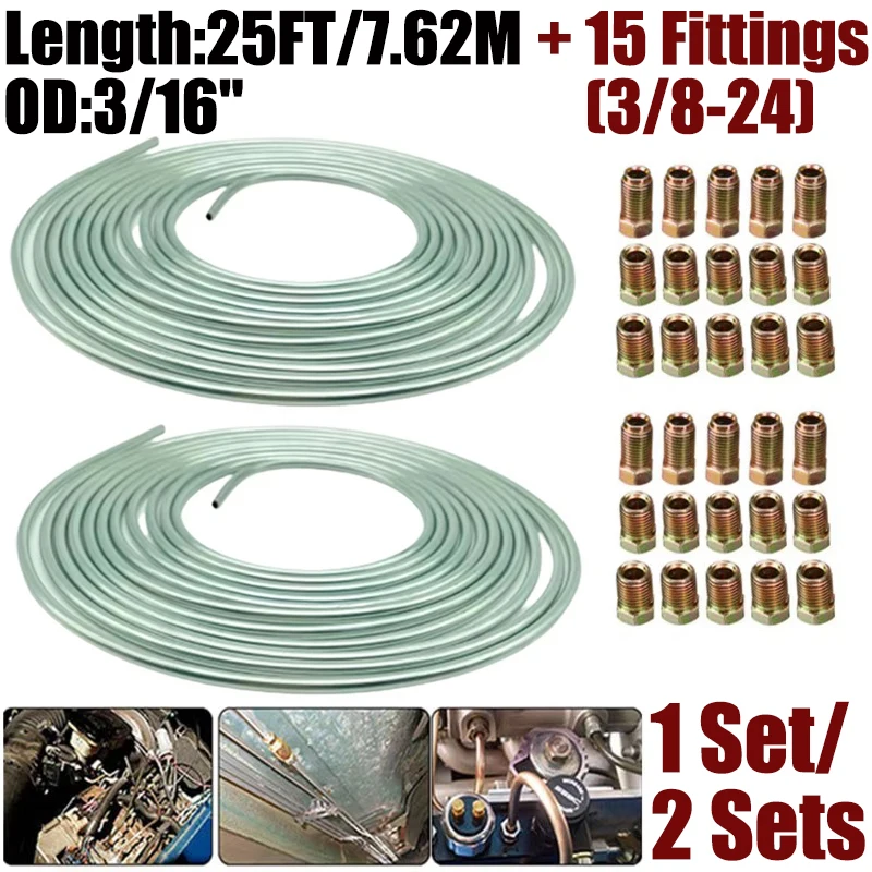 

1x/2x 25ft Roll Tube Coil of 3/16"OD Steel Zinc Brake Pipe Hose Line Piping Tube Tubing Anti-rust with 15PCS Tube Nuts Fittings