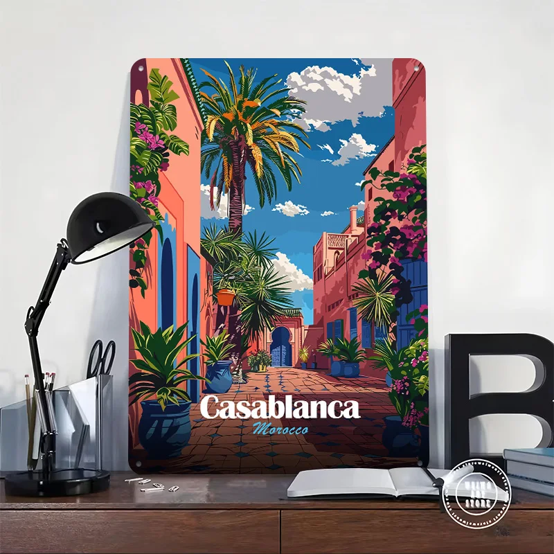 Casablanca Bedroom Decoration Room Morocco Travel 3D Printed Texture Poster Personalized Wall Art Retro Metal Tin Signs for Home