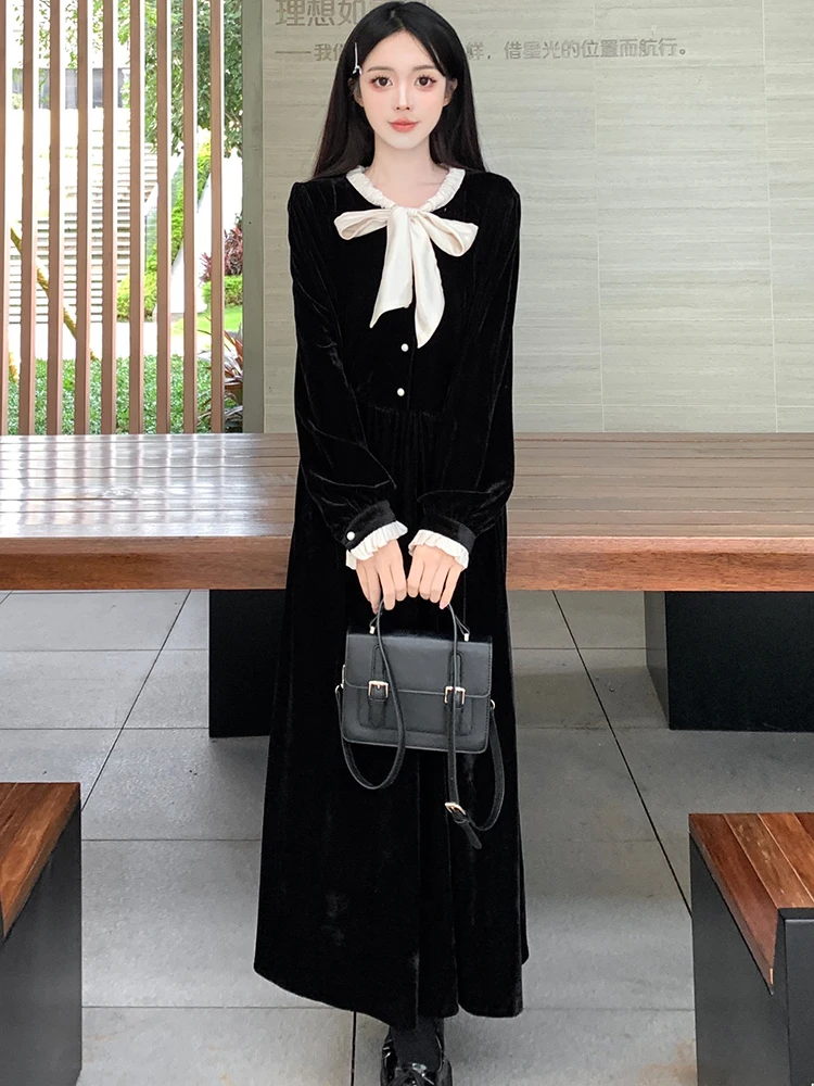 2024 Black Velvet Long Sleeve Chic Bow Collar Long Dress Korean Vintage Hepburn Women\'s Dress Gown Autumn Winter Elegant Dresses