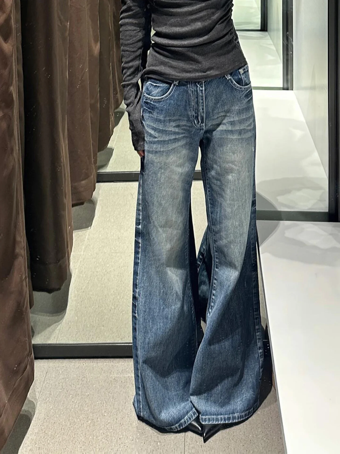 

Slim Fit High Waist Denim Jeans Women's Miniature Vintage Washed Wide Leg Pants Lazy Style Spring Summer New Arrival