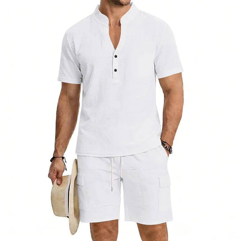 

European and American summer men's casual linen suit, loose and breathable tooling sports Henry short-sleeved shorts suit