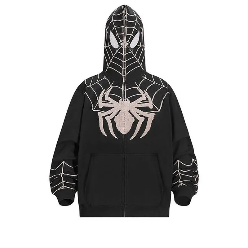 Gothic Spider Print Hooded Cardigan Full Zip Loose Hoodie Top Women Men Clothing Y2K Vintage Punk Hoodie Kpop Jacket 90s