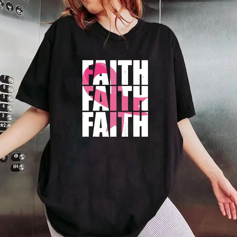 

Breast Cancer Awareness T-shirt, Pink Ribbon Faith Graphic Tee, Women's Casual Hope Survivor Shirt, Gift for Her