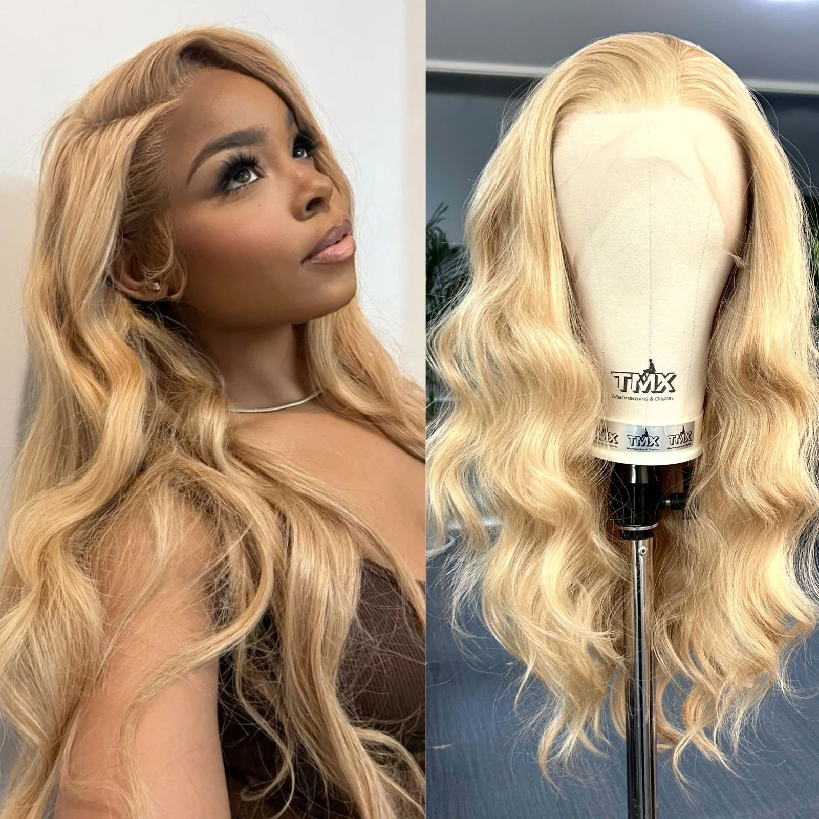 

Highlight Blonde Long Wavy Synthetic Hair Free Part Natural Curly Loose Body Wave Mixed Blonde 13X4 Lace Front Wigs for Women