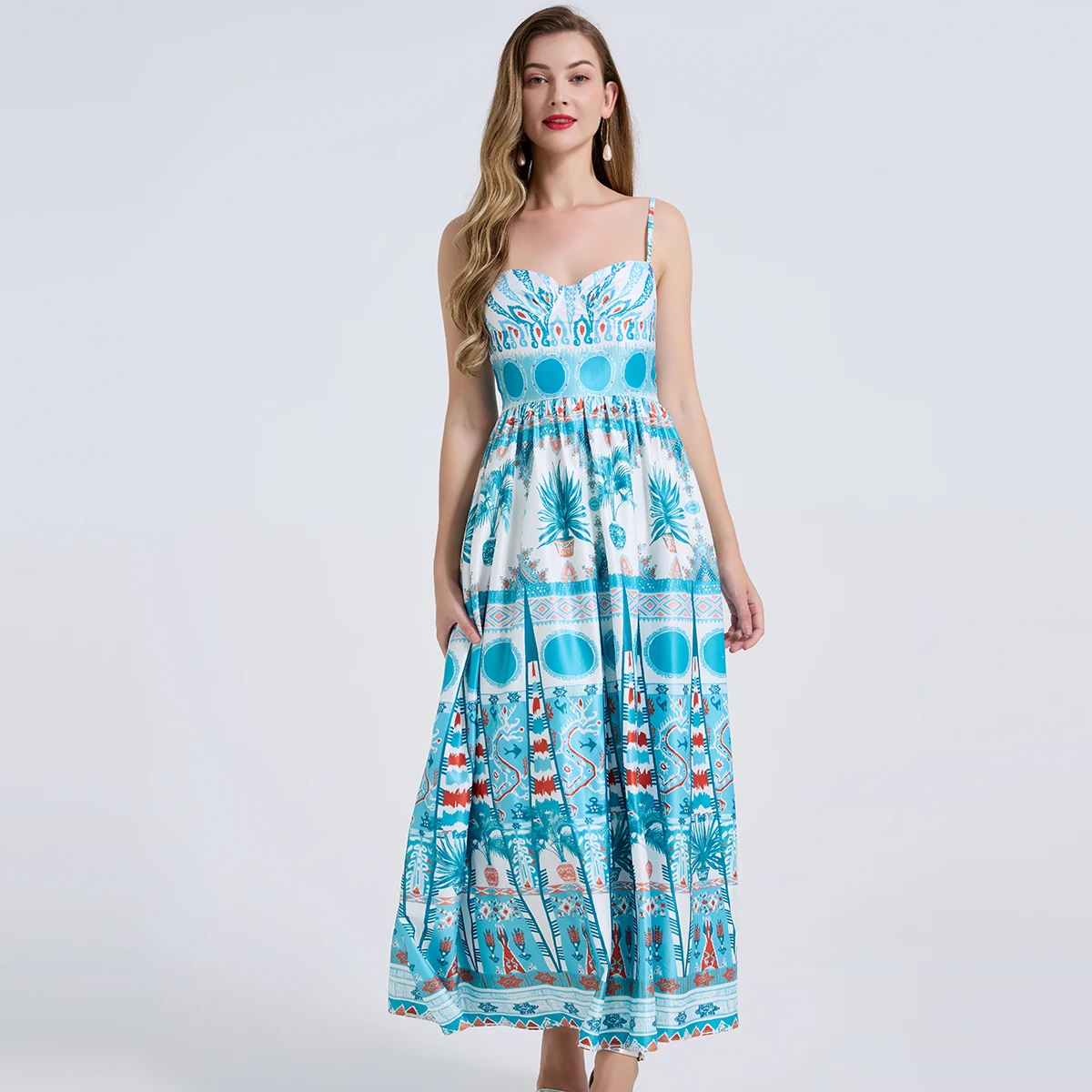 

Green Floral Print Sexy Spaghetti Straps Dress Women High Waist A-line Long Holiday Summer Dresses Party Robe 2026 Vestido