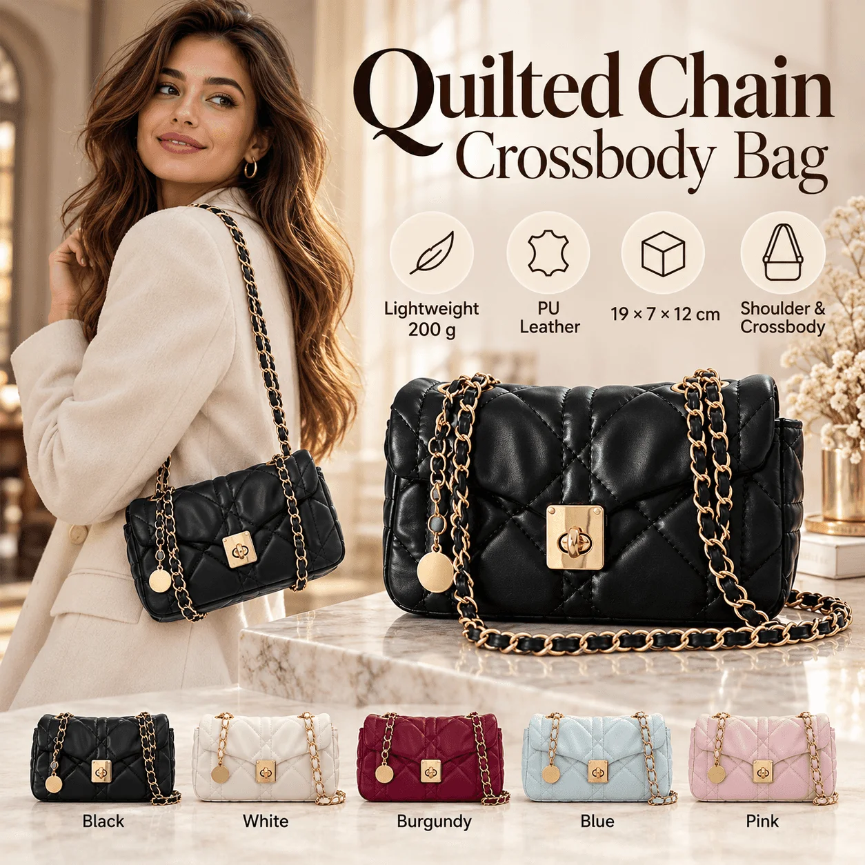 Bolso de mano acolchado de moda para mujer, elegante bolso de hombro con cadena, bolso bandolera de cuero sintético con cierre de solapa, ideal para el trabajo, las compras y...