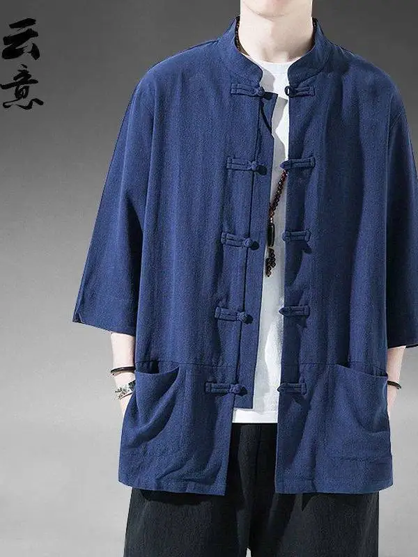 

Men's Chinese Sle Cotton Linen ort Sve Seven Sve irt Retro Linen irt Upper Body Autumn Season Seven Sve