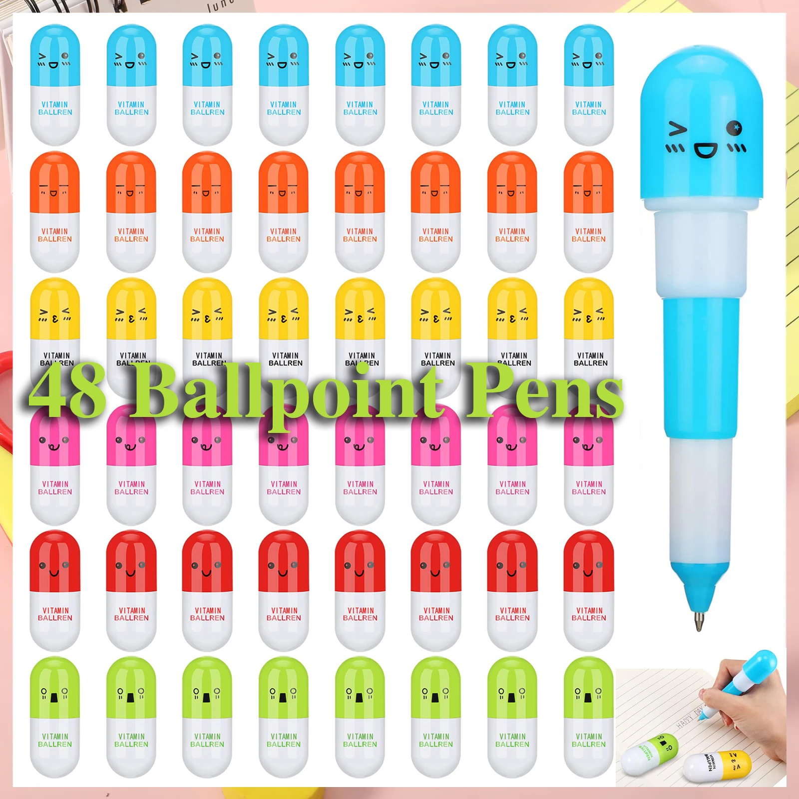 48Pcs Cute Smiling Face Pill Ball Point Pen  Stationery Telescopic Vitamin Capsule Ballpen For School Use