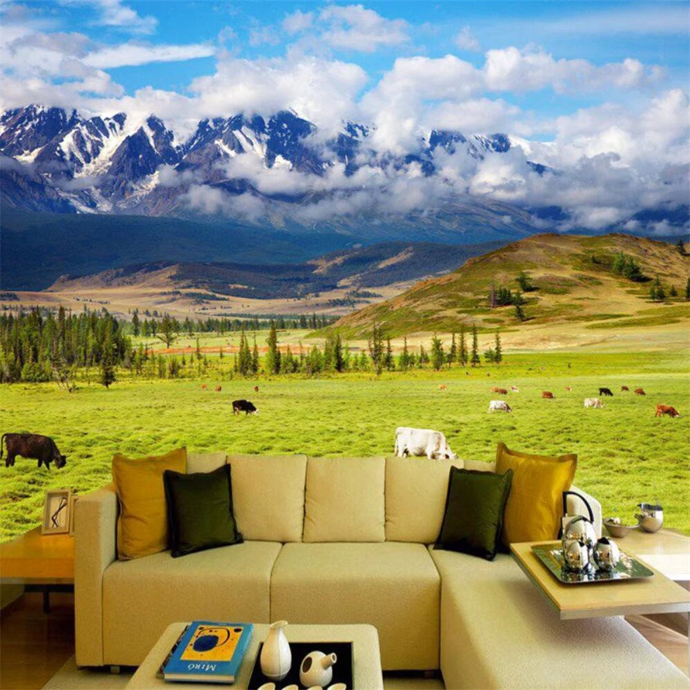 custom Winter Forest Nature Landscape Wallpaper Hotel Bedroom Wall paper Snow Mountain Grassland 3D Pastoral Mural Living Room