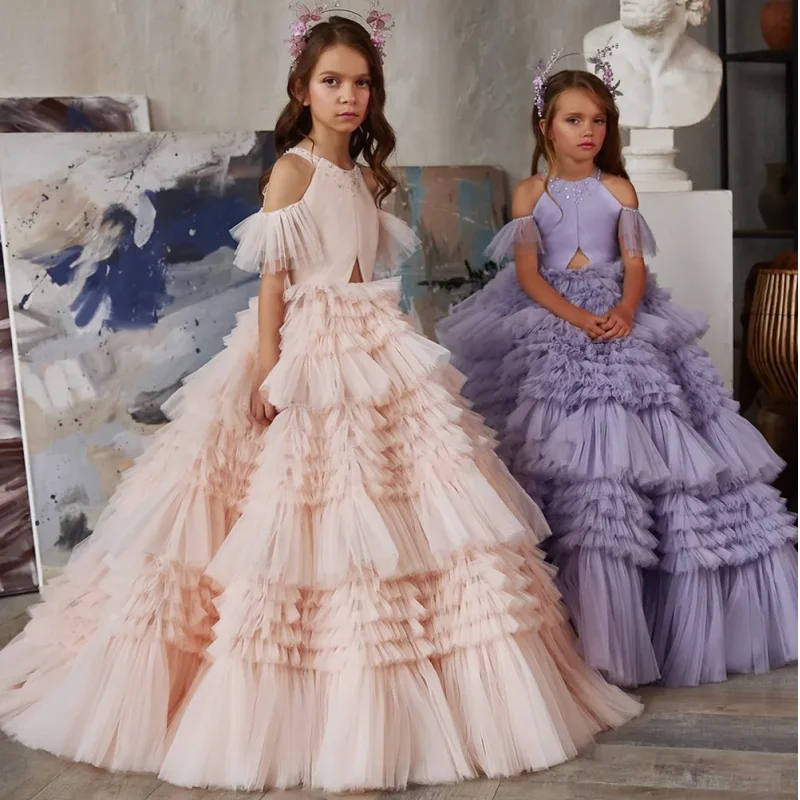 Vestidos rosa claro e roxo flor menina, tule inchado camadas, manga curta, casamento, banquete de aniversário, vestidos de princesa