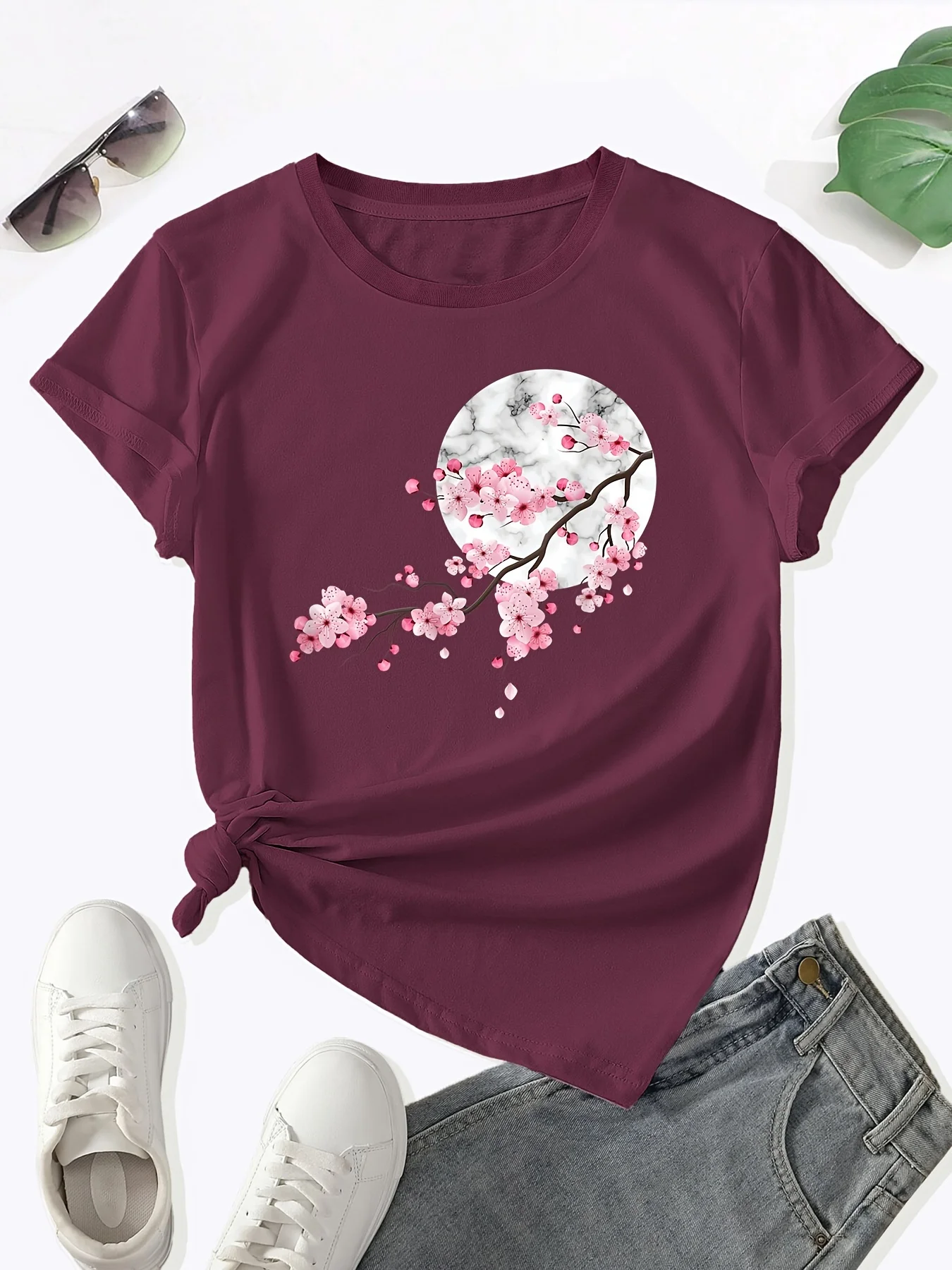 Floral Print Crew Neck T-Shirt, Casual Short Sleeve T-Shirt For Spring & Summer, Women's Clothing