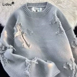 2023 New Autumn and Winter American Style Niche Design Sense Round Neck Tassel Hole Loose Casual Oversized Men's Knitted Sweater