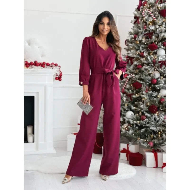 Women's Fashion V Neck Solid Color Jumpsuit Ladies Casual Long Sleeve Overall Loose Pants High Waist Solid Color Jumpsuit