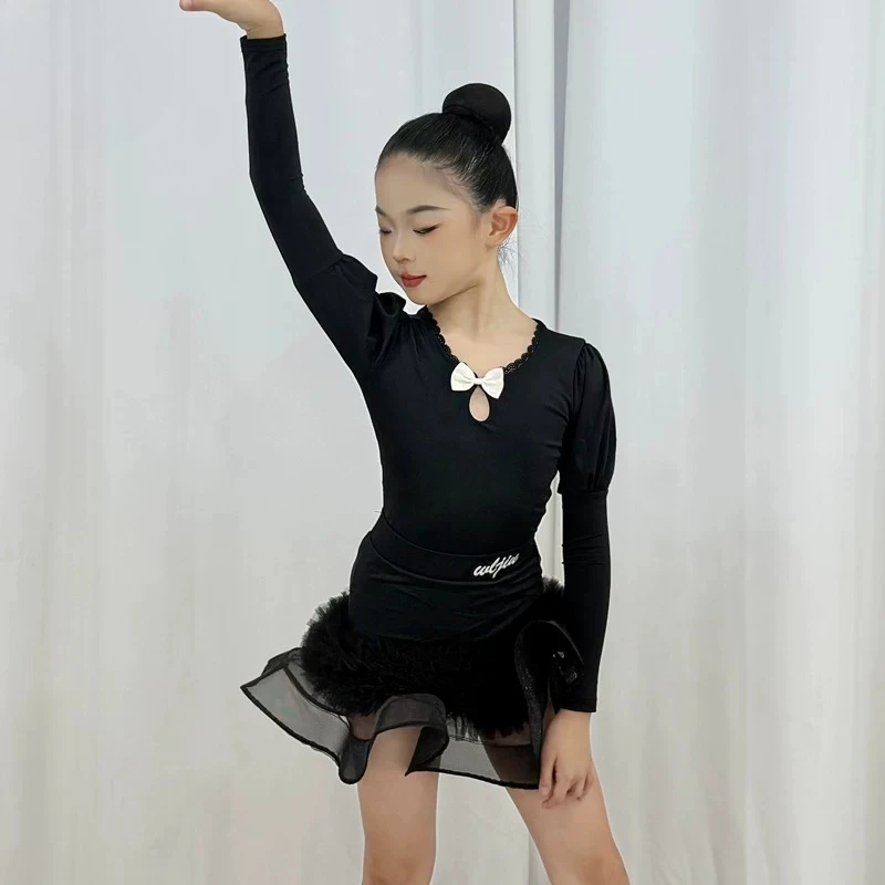 2027 Girls Latin Dance Costume Long Puff Sleeve Lace Neck Mesh Ruffle Skirt Kids ChaCha Rumba Salsa Performance Practice Wear