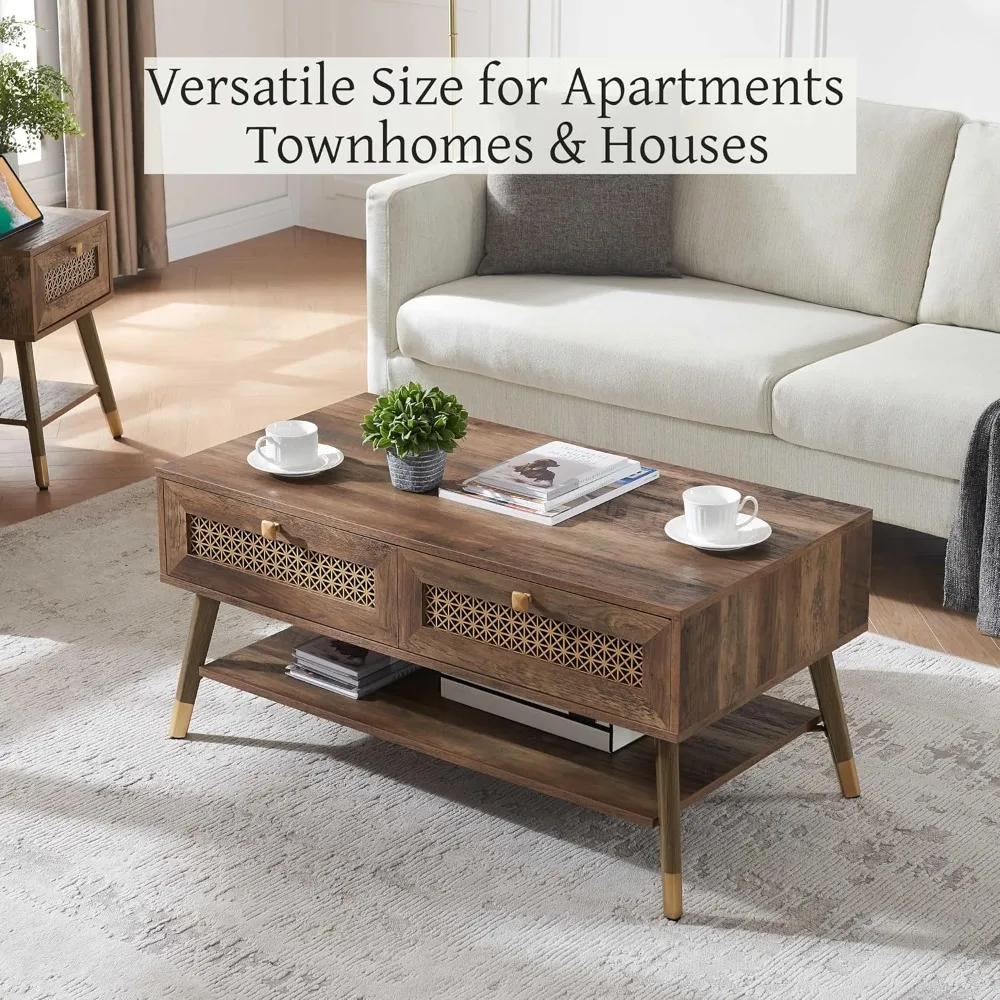 Wooden Mid Century Modern Coffee Table, Retangle Coffee Table with Two Drawers for Living Room, Rustic Oak