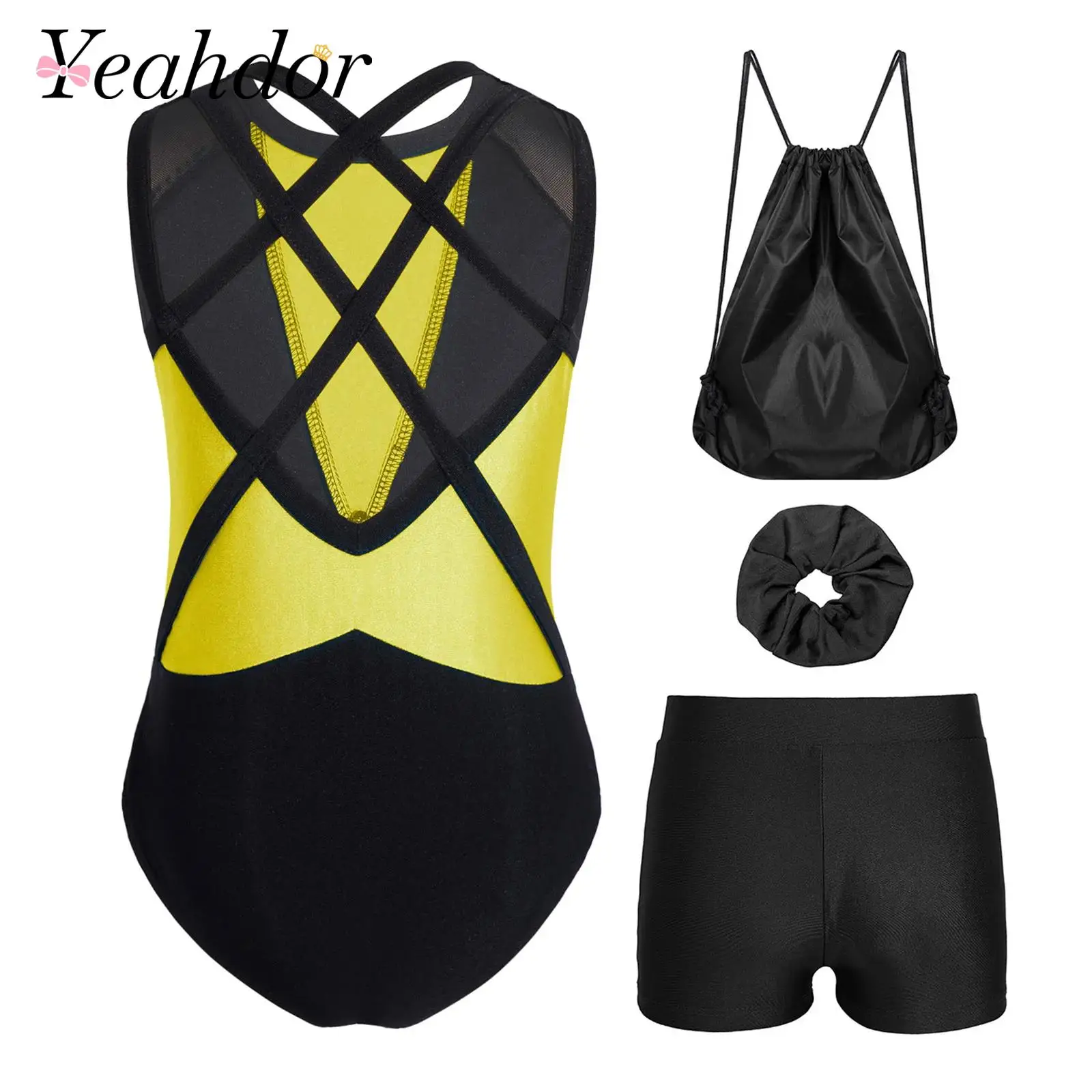 Kids Girls Gymnastics Dance Outfit Sleeveless Crisscross Back Shiny Color Block Metallic Leotard with Shorts Hairband
