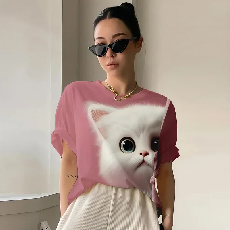 3D Pet Cat Printed Women's T-shirt Summer New Women's Top Sports Leisure Harajuku Fun Women's Clothing Short sleeved T-shirt