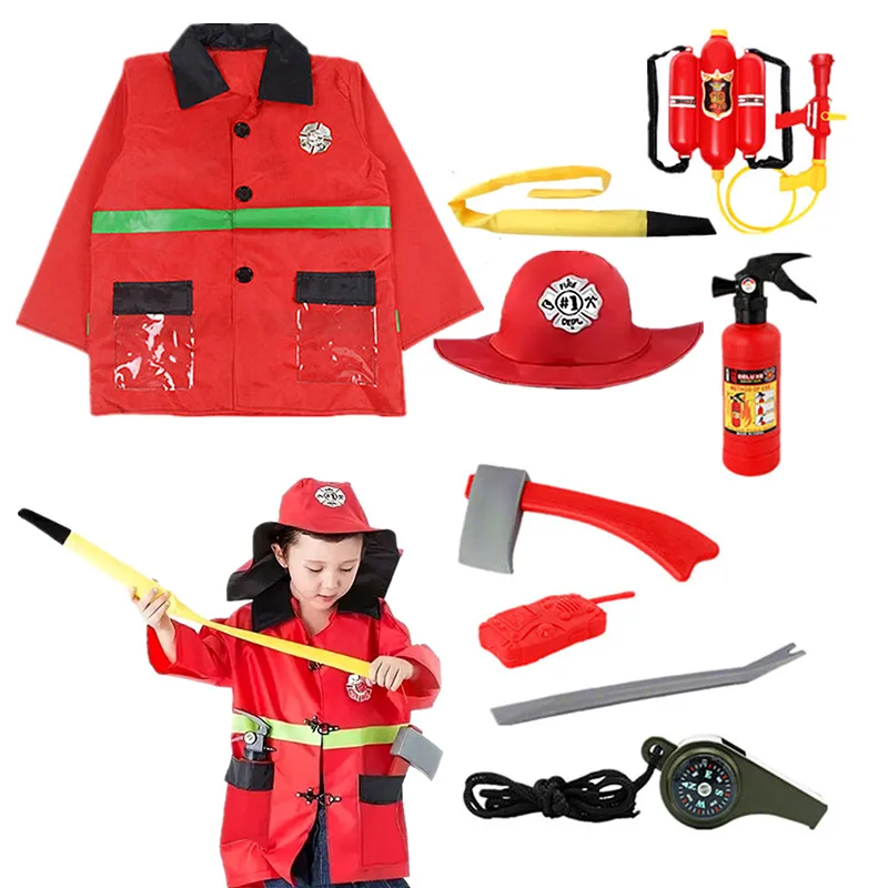 Kids Firefighter Costume Toddler Fireman Dress Up Halloween Cosplay Career Suit with Hose and Whistle Party Birthday Gift