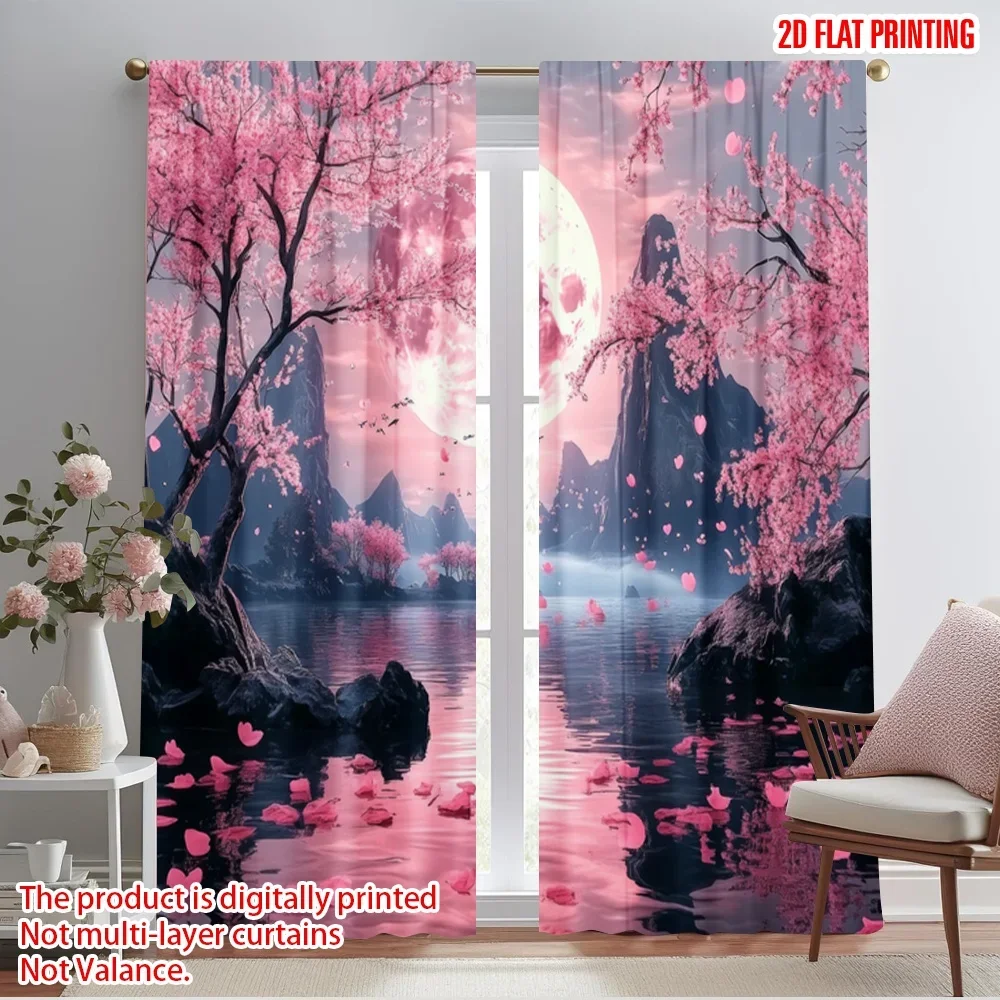 

2pcs,2D plane printing Window Curtain Moonlit Blossoms Versatile Polyester (without rod) Decorations For Home Use for Living