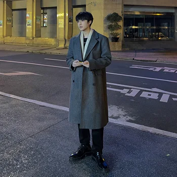 Men's Long Woolen Trench Coat 6 Winter Long Trenchcoat Men Korean-style Solid Double Breasted Woolen Coat Loose Casual Trench Outwear 2023 Solid Color Overcoats 6