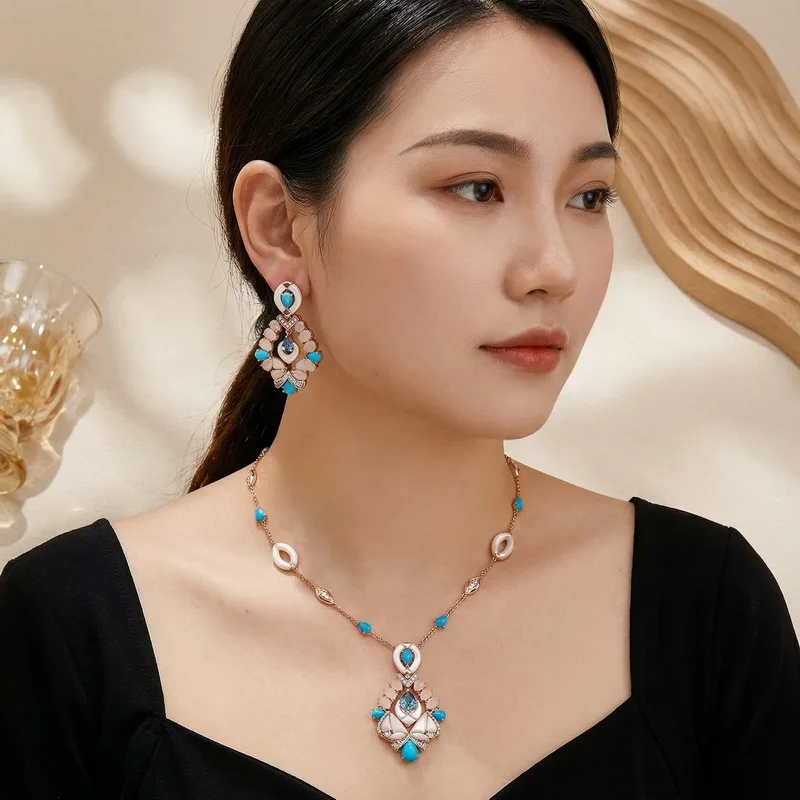 

Серьги и колье в европейско-американском стиле для женщин, украшенные кубическим цирконием, опалом, бирюзой и перламутром, наборы украшений для вечеринок.