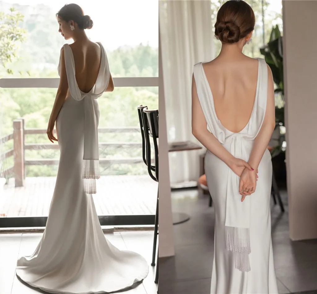 Customized 2025 Sexy Simple Women Wedding Dress Scoop Backless Mermaid Bridal Party Gowns Customized Boho Vestido De Novia