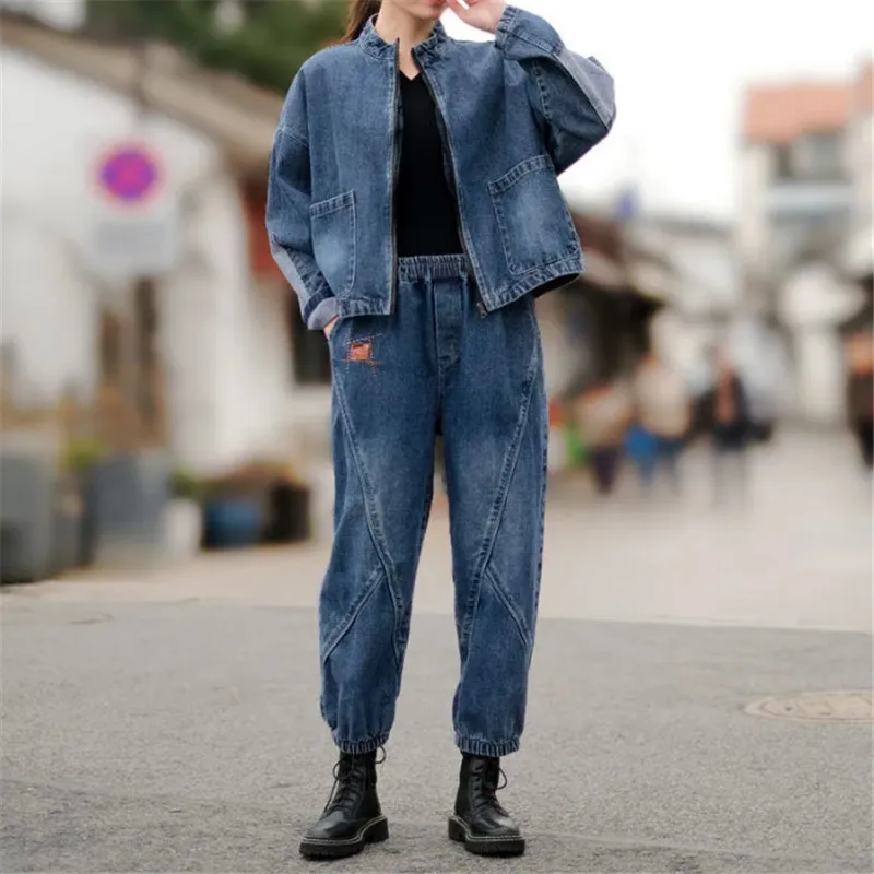 Spring Autumn Short Denim Suit Women 2023 New Round Collar Coat Nine-Tenth Jeans Pure Colour Suit Fashion Thicken Jacket Female