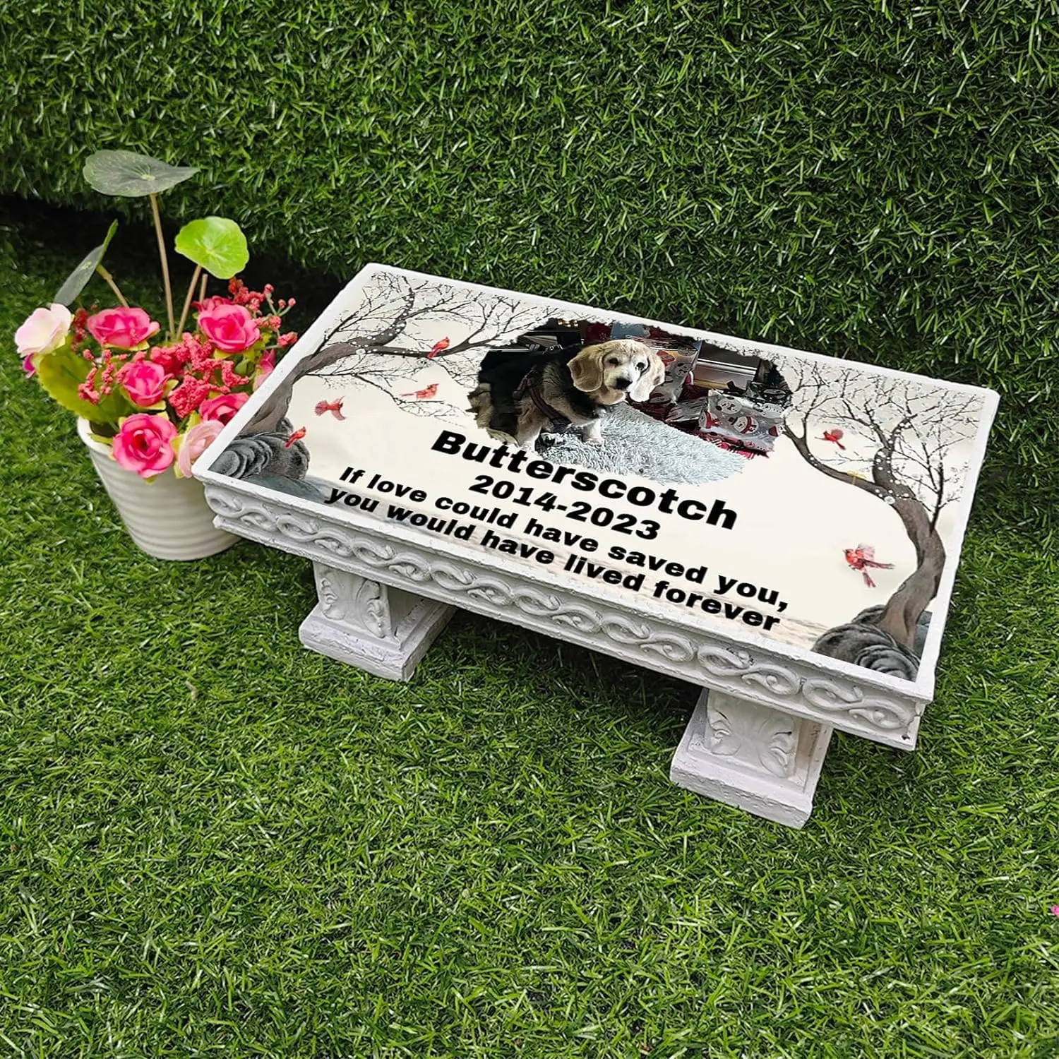 Personalized Bench Pet Memorial Garden Stone Plaque with Colorful Photo, Dog Grave Marker Dog Tombstone Cat Headstone J