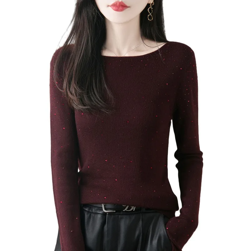 Women Boat Neck Rhinestone Knit Sweater Fine Wool Slim Fit Long Sleeve Basic Top