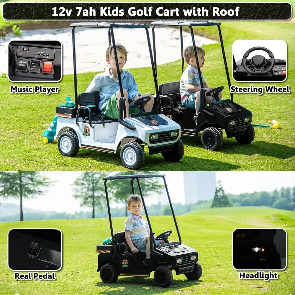 รถกอล์ฟเด็ก 12V 7AH สำหรับเด็กชายและเด็กหญิง ของเล่นขับขี่ใช้แบตเตอรี่ พร้อมรีโมทคอนโทรลสำหรับผู้ปกครอง รถกอล์ฟ 2 ที่นั่ง