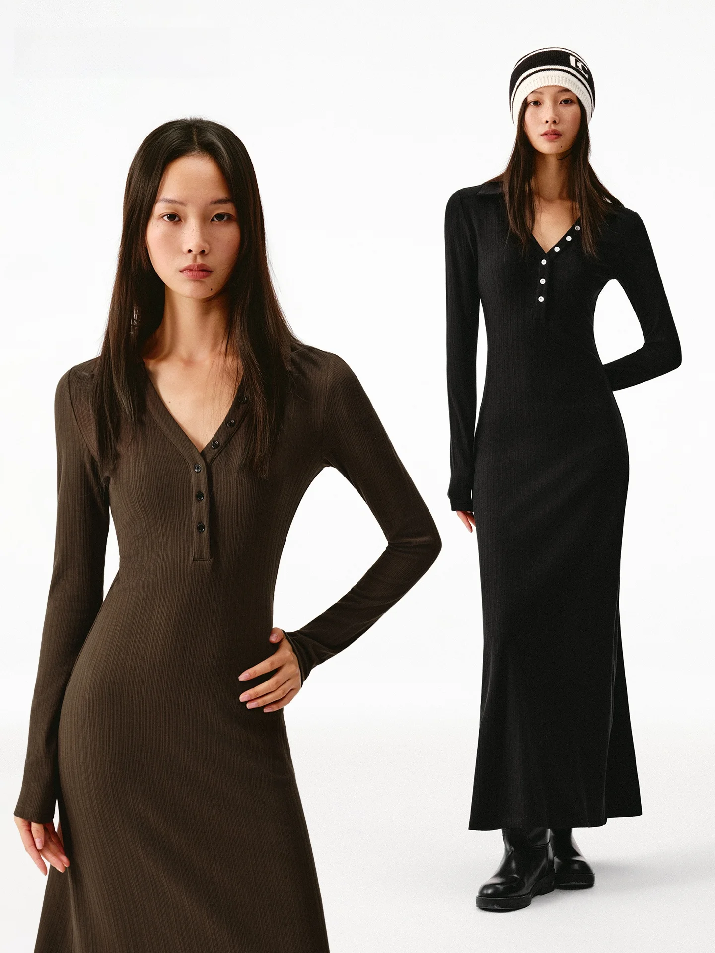 

Asomesome Vintage Turn-down Collar Deep V Button Slim Fit Waist Cinched Dr Women Autumn Winter Slimming Base Layer Long Skirt