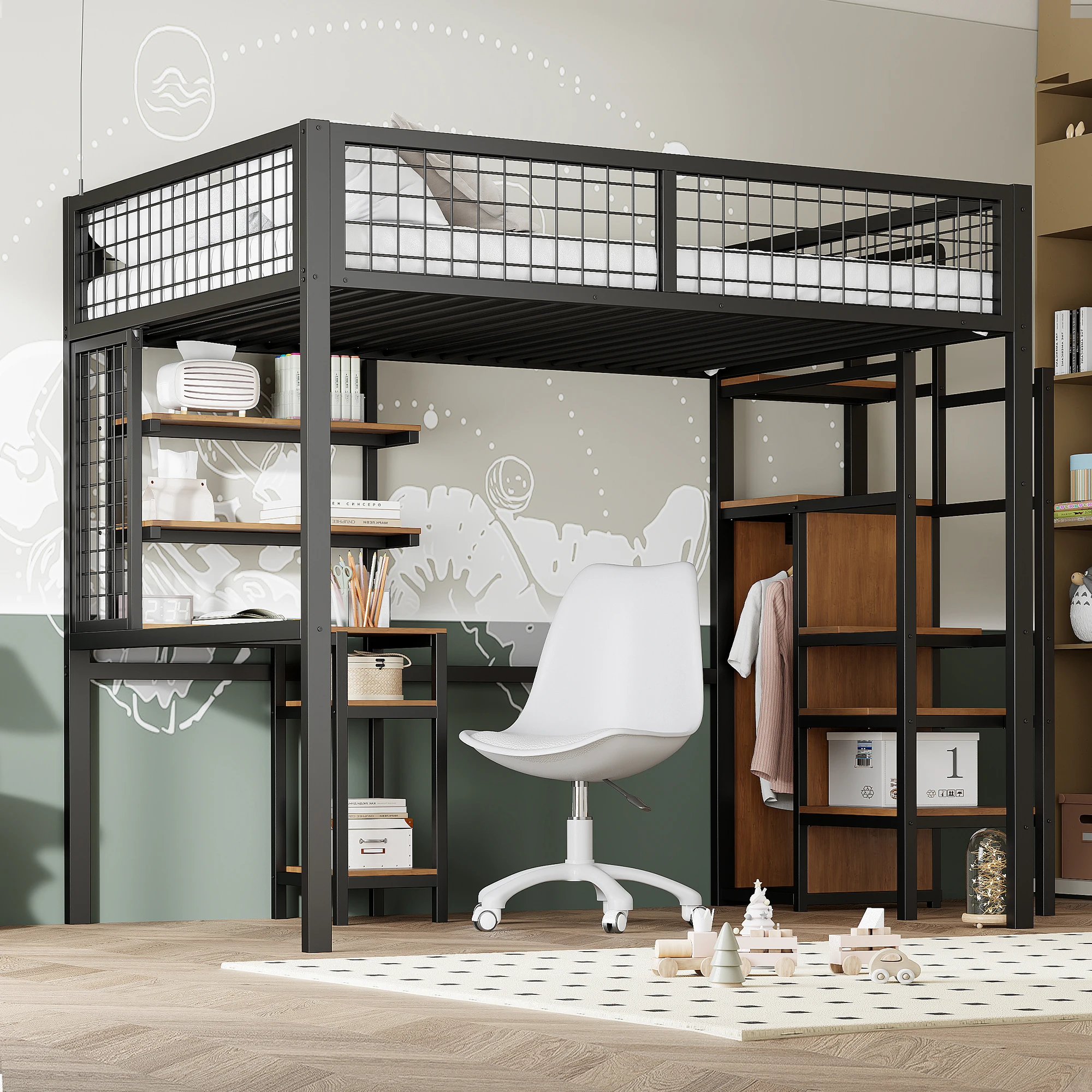 High bed 140x200 cm with safety ladder, children bed with iron frame, closet and computer table, Black