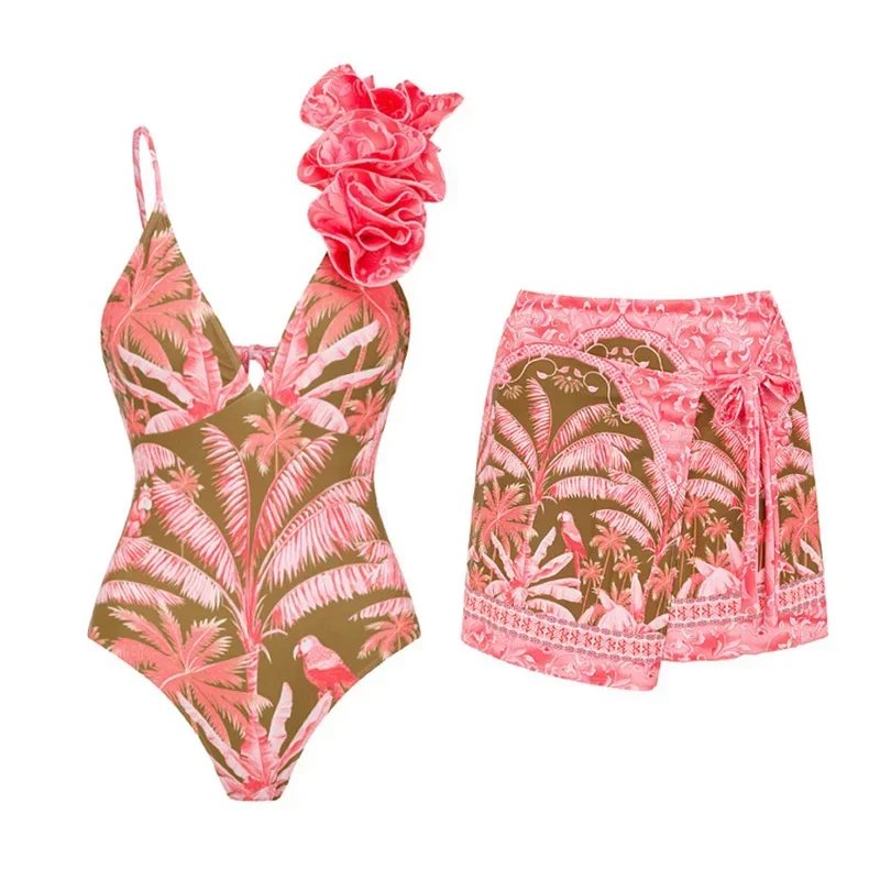 

3D Flower 2024 New V Neck One Piece Swimsuit For Women Swimwear With Skirt Bathing Suit Monokini Beach Bodysuit Beach Wear