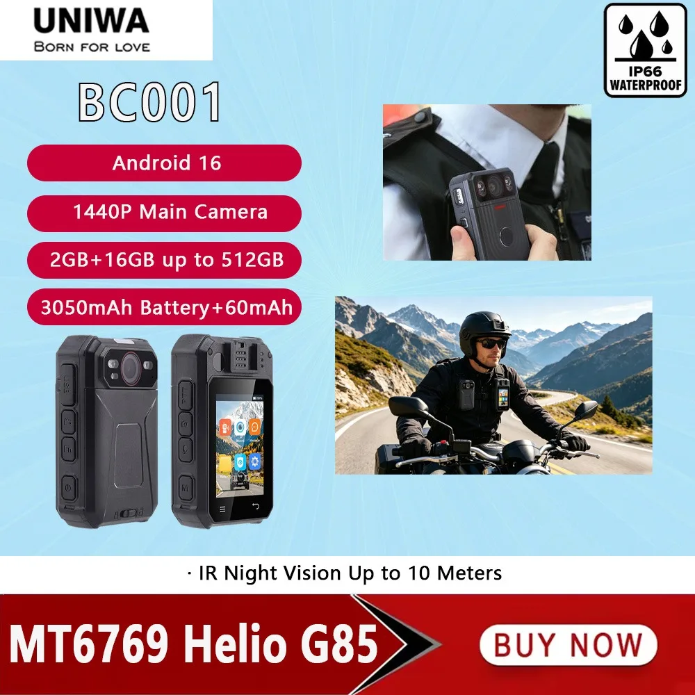 UNIWA BC001 2.4 ” Police Body Wearable Camera Android Smart IP66 IR Night Vision Body Camera with PTT Mini Body Camera Full HD