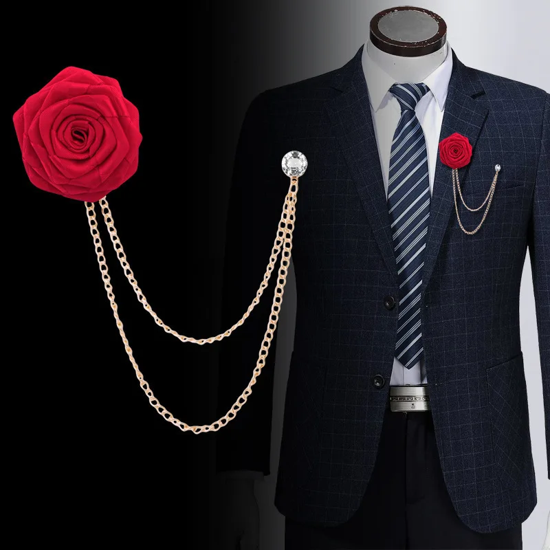 

Fashion Bridegroom Wedding Brooches Cloth Art Hand-made Rose Flower Brooch Pin Tassel Chain Men's Suit Accessories