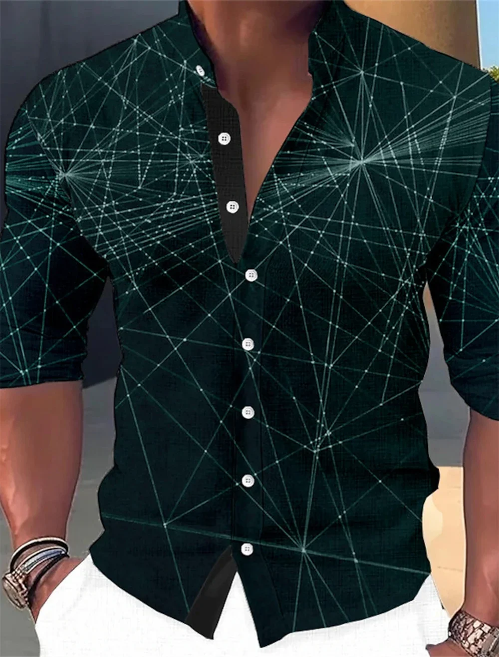 Men's geometric pattern printed long sleeved shirt stand up collar green gray outdoor fashion street clothing designer casual