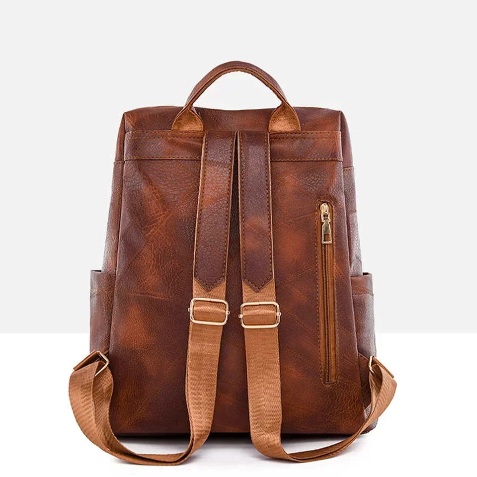 Vintage PU Leather Daypack Trendy Women\'s Backpack Brown Casual Travel Student School Bag Retro Multi Pocket Large Capacity Bag