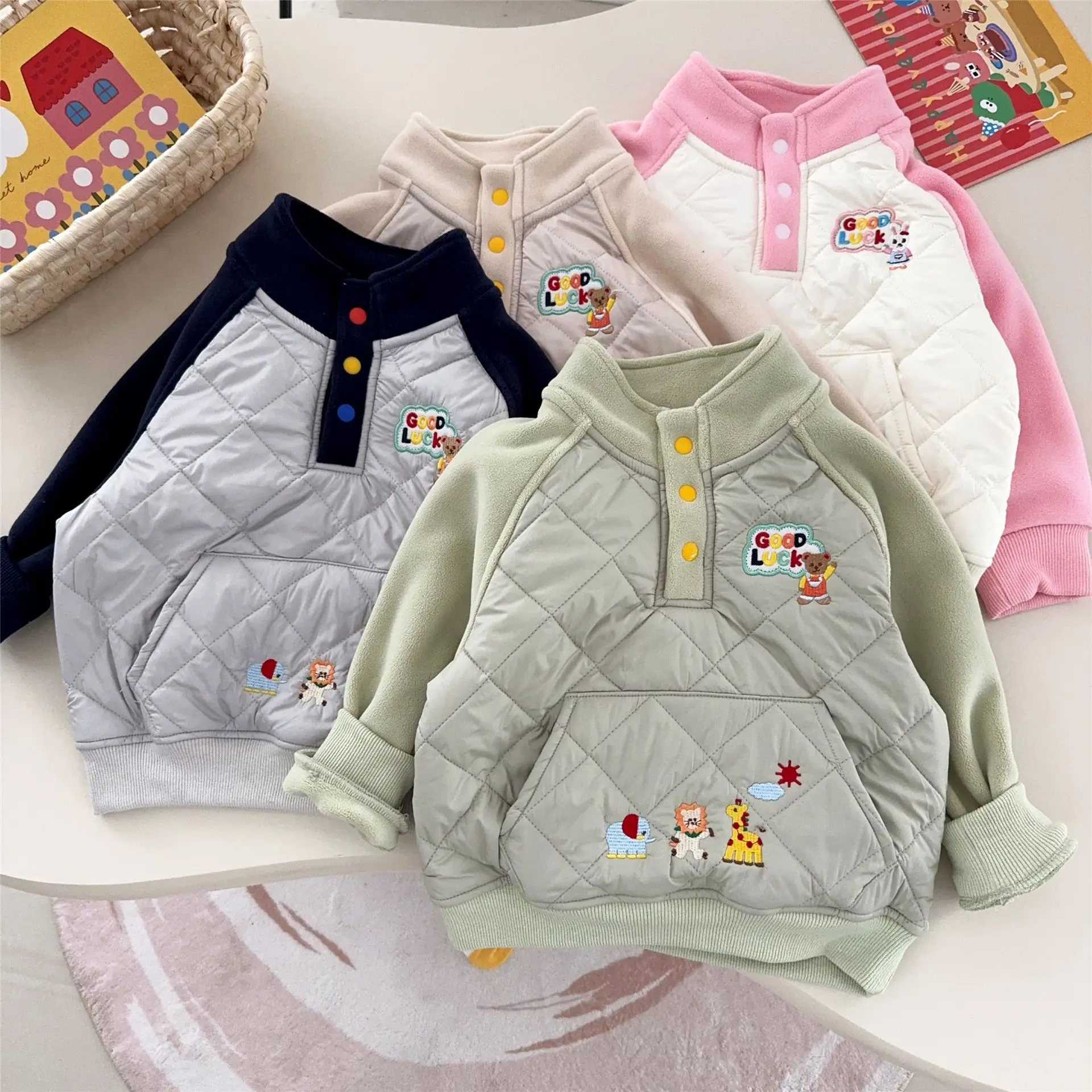 2025 شتاء ياباني جديد للأولاد والبنات حسن الحظ الوقوف طوق طبقة مزدوجة سميكة المخملية الدافئة هوديي غير رسمي معطف فضفاض