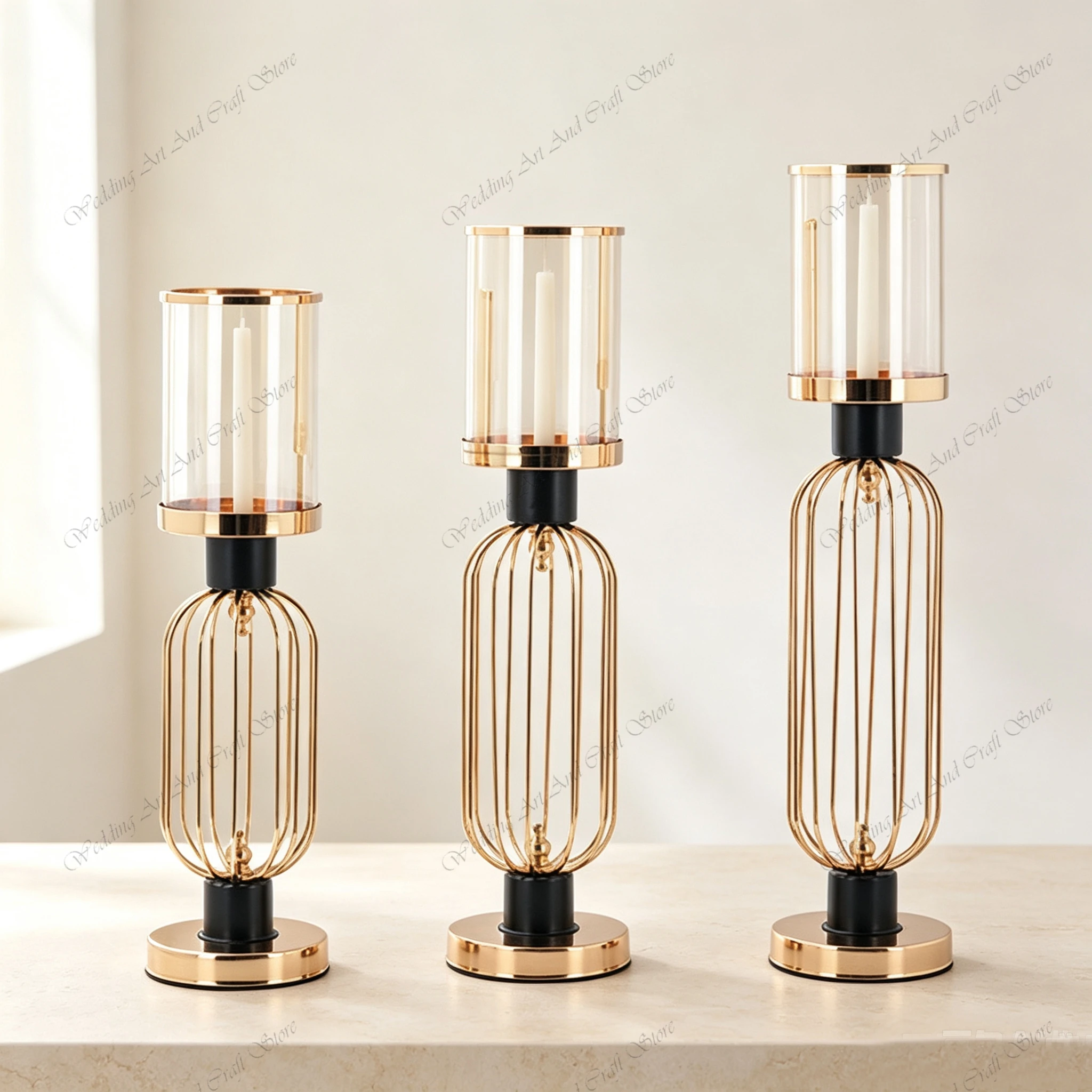 10pcs f30 43-47-52cm Gold Iron Lantern Candle Holder Cage Shape Glass Cup Metal Pillar Stand for Wedding Table Decor ivy1328